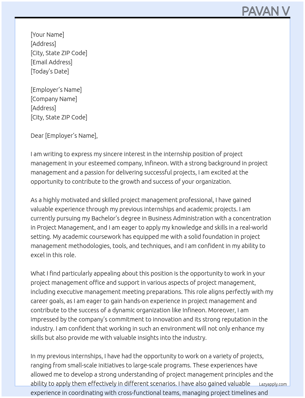 intership At infineon Cover Letter