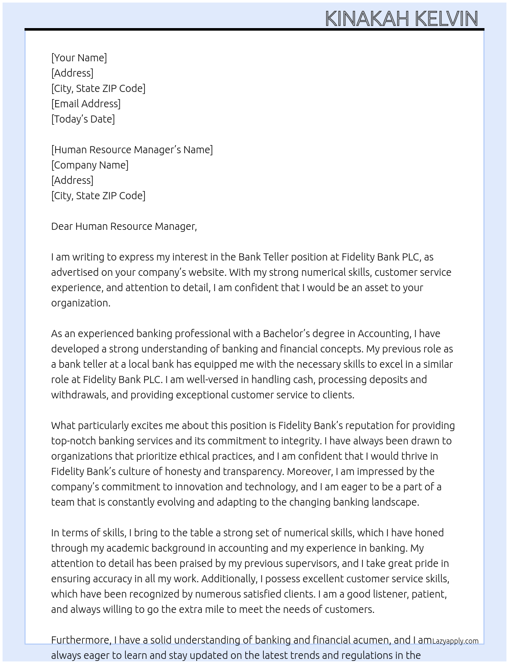 Bank Teller At Fidelity Bank Bank PLC Cover Letter