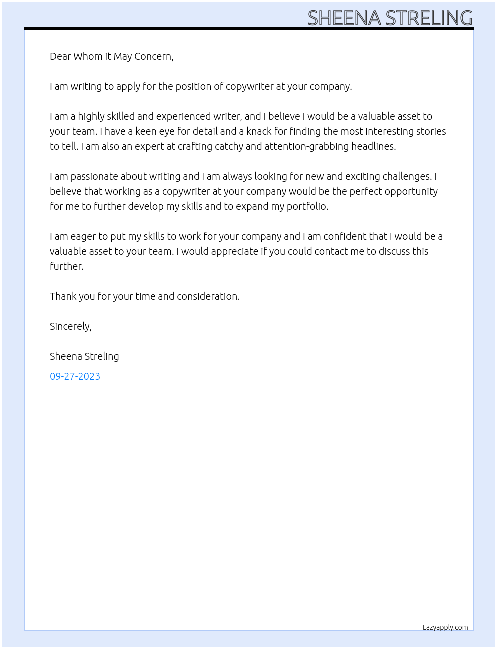 copywriter At your company Cover Letter