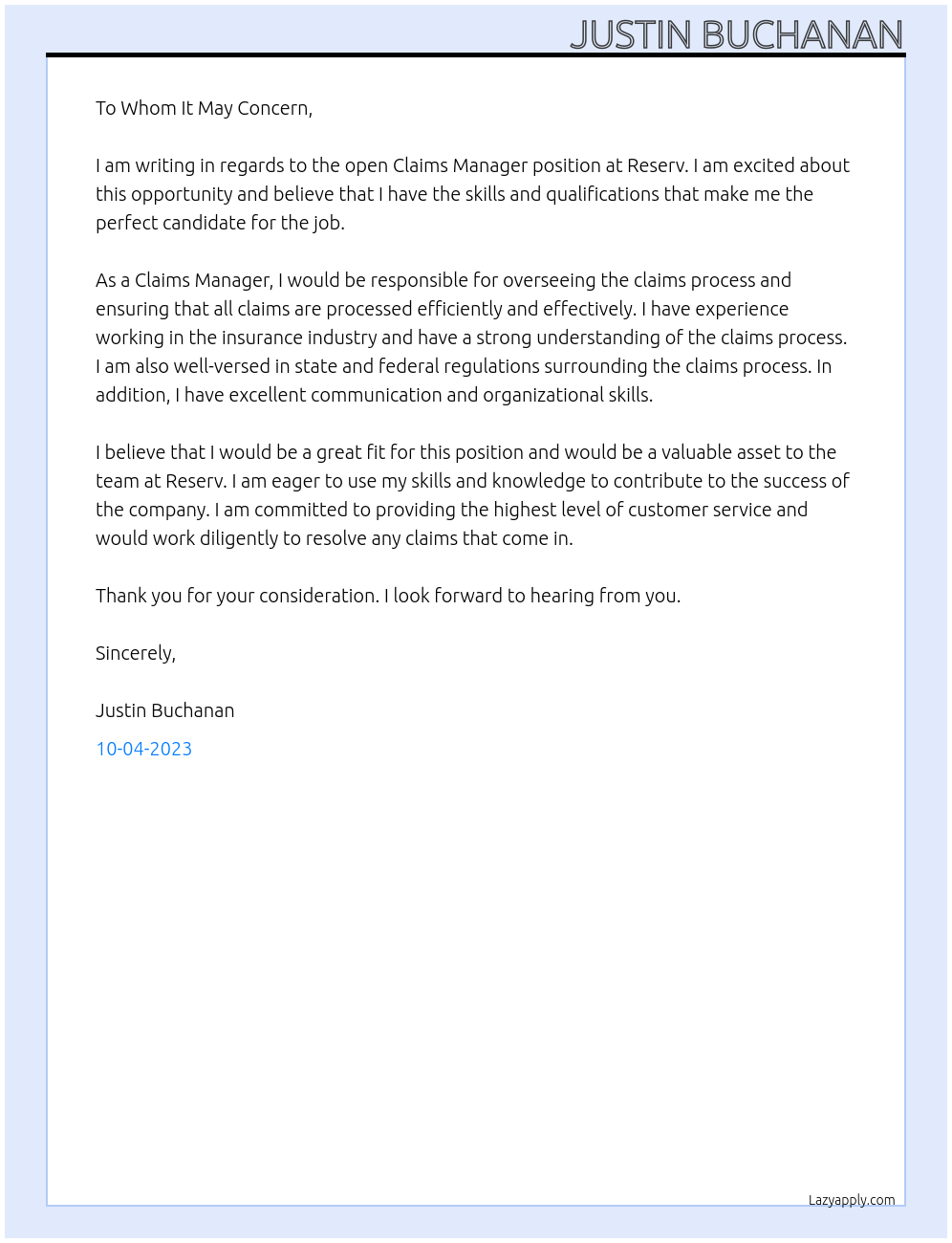 Claims Manager At Reserv Cover Letter