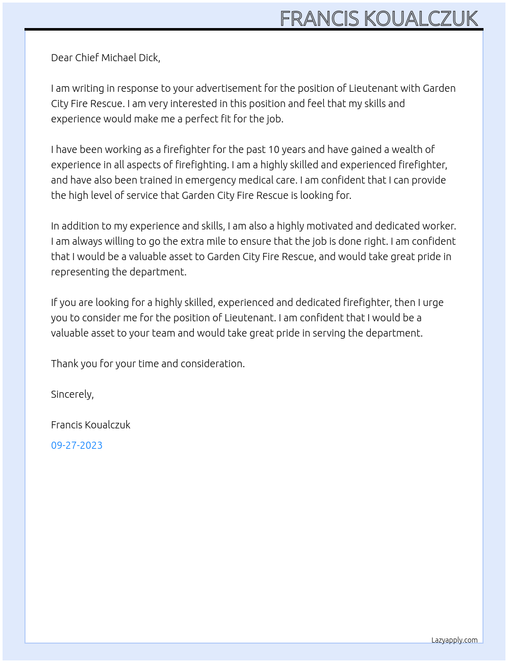 Lieutenant At Garden City Fire Rescue Cover Letter