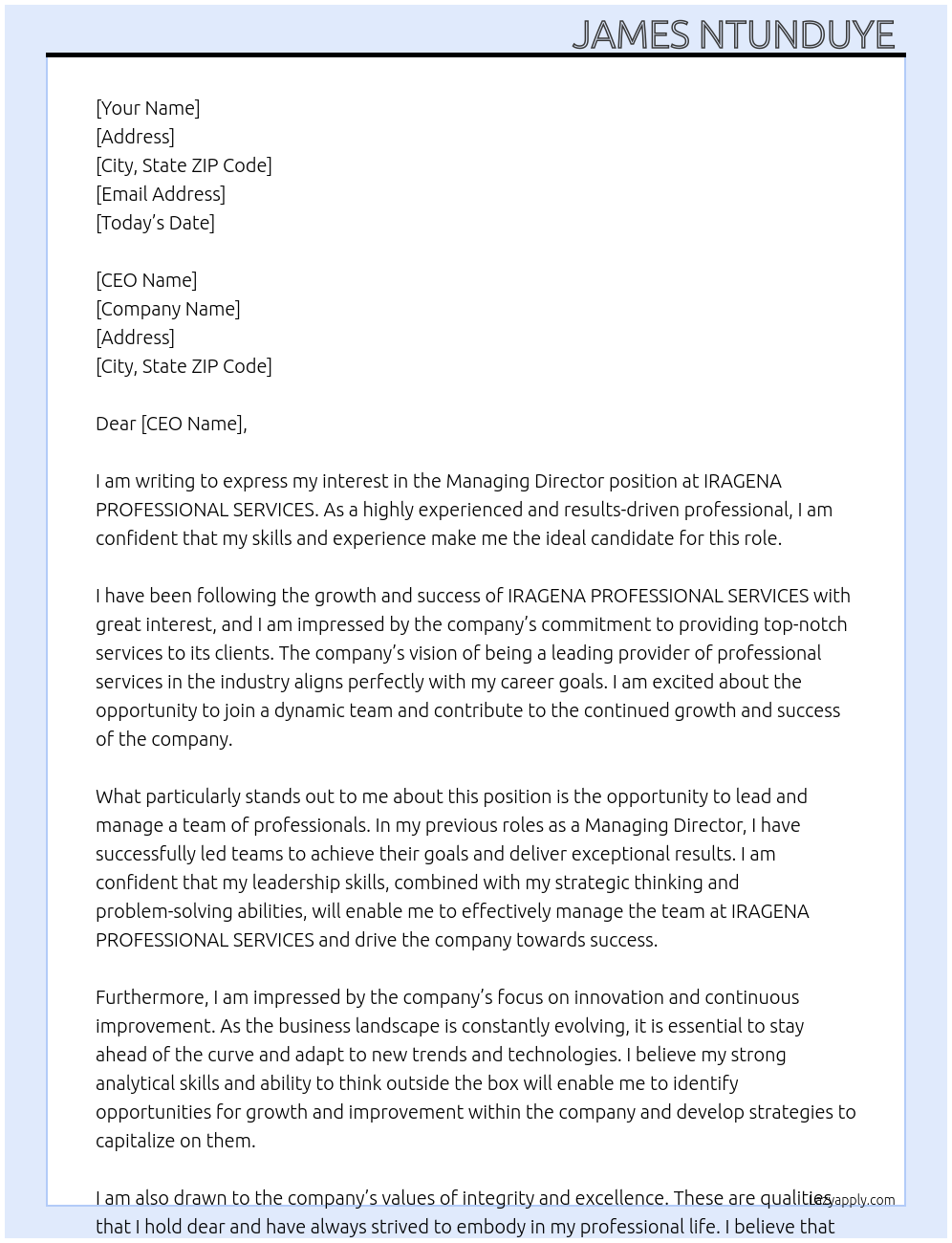 Managing Director At IRAGENA PROFESSIONAL SERVICES Cover Letter