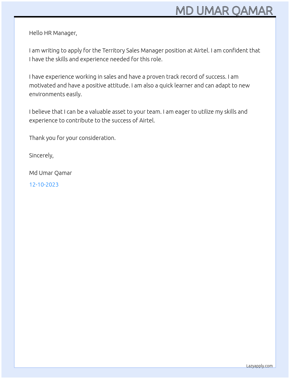 Territory Sales Manager At Airtel Cover Letter