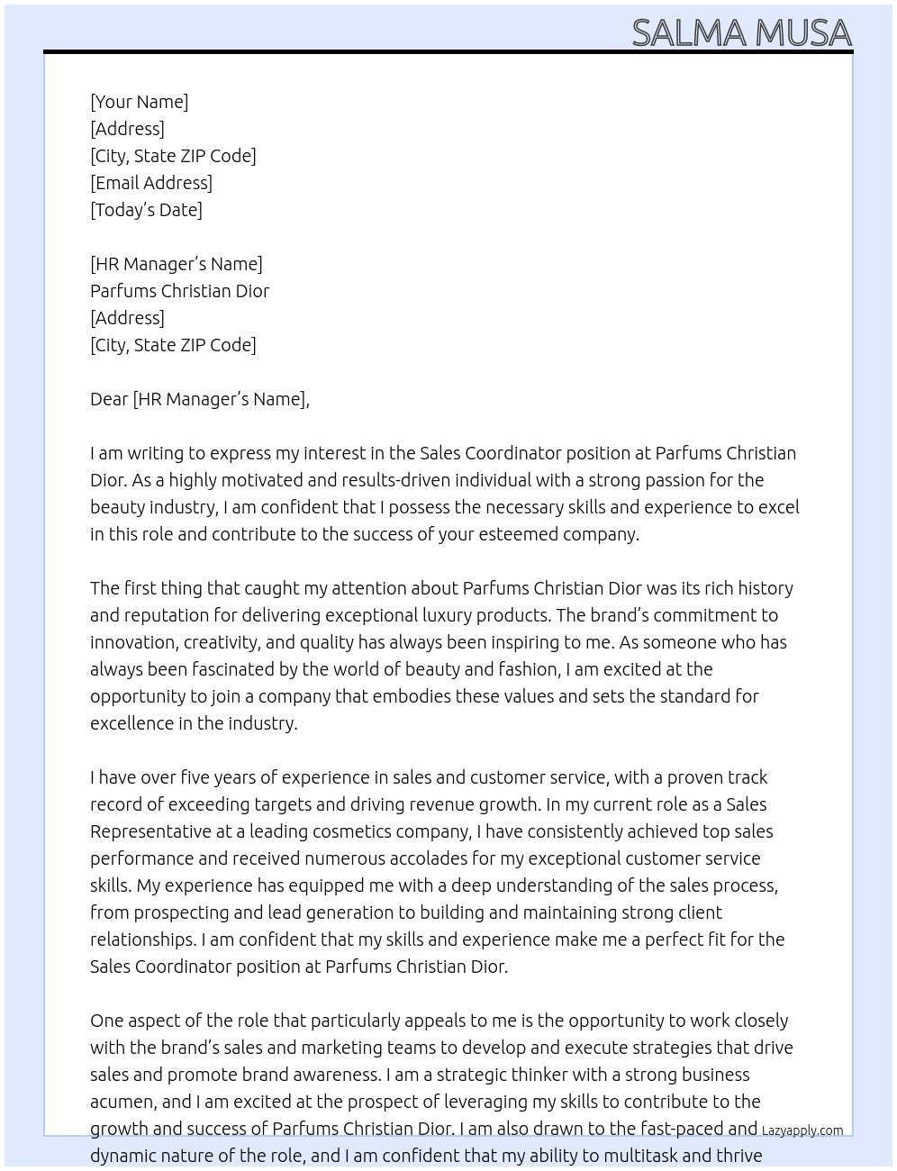Sales Coordinator At Parfums Christian Dior Cover Letter