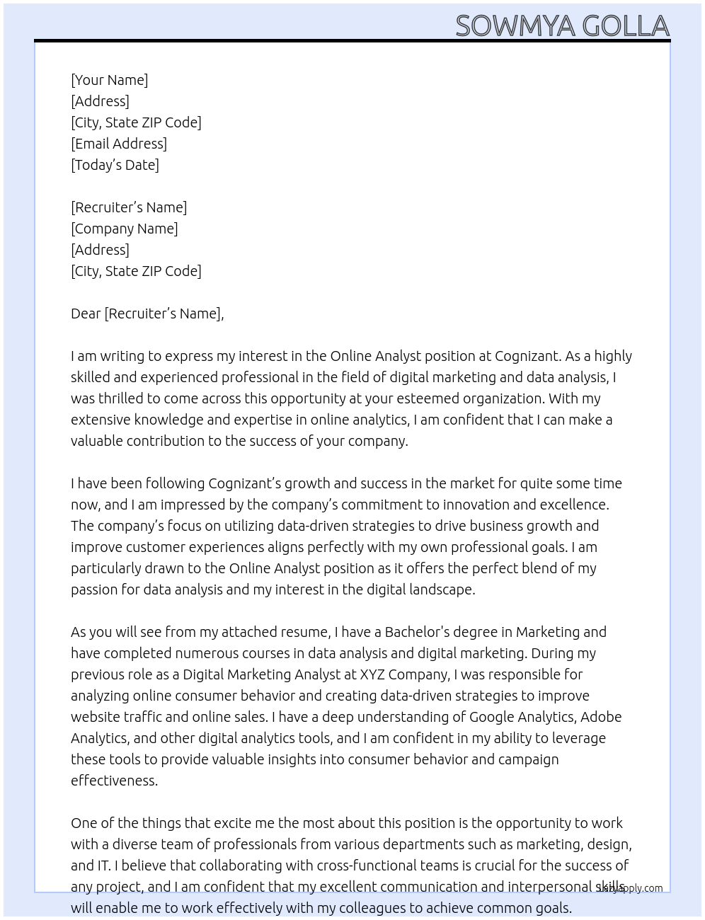 Cover letter for online analyst - LazyApply