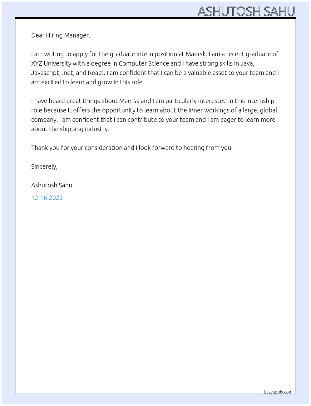 Graduate intern At Maersk Cover Letter