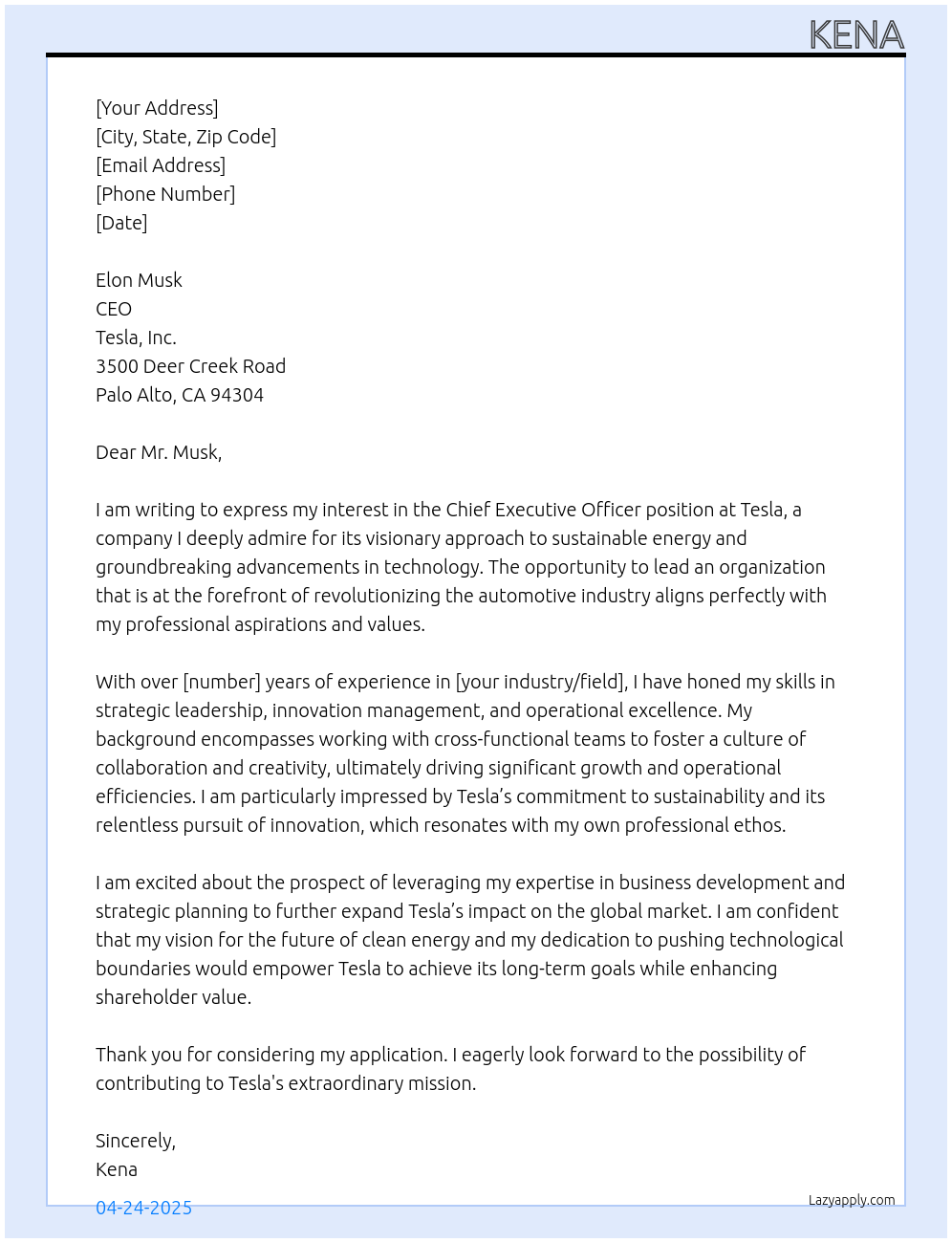 Ceo At tesla Cover Letter