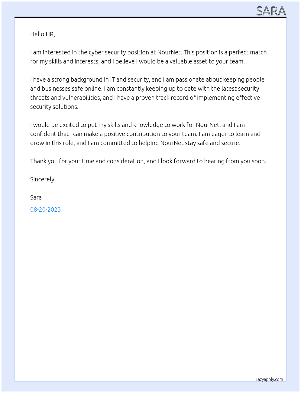 cyber security At NourNet Cover Letter