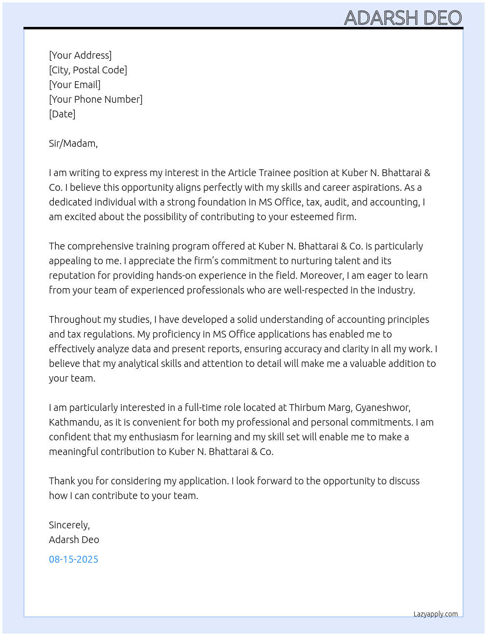 Article Trainee At Kuber N. Bhattarai & Co. Cover Letter