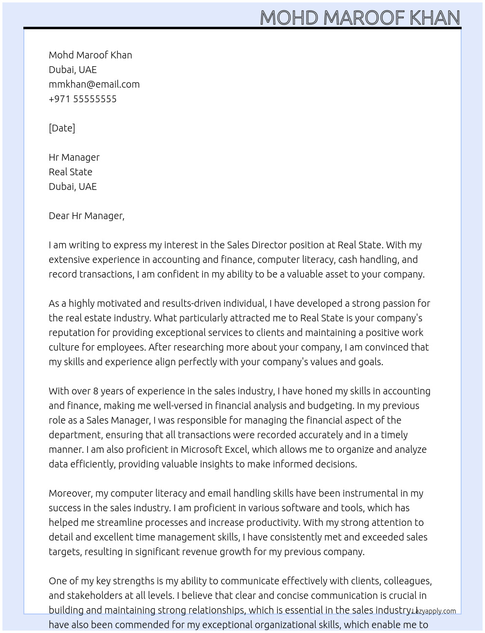 Sales Director At Real State Cover Letter