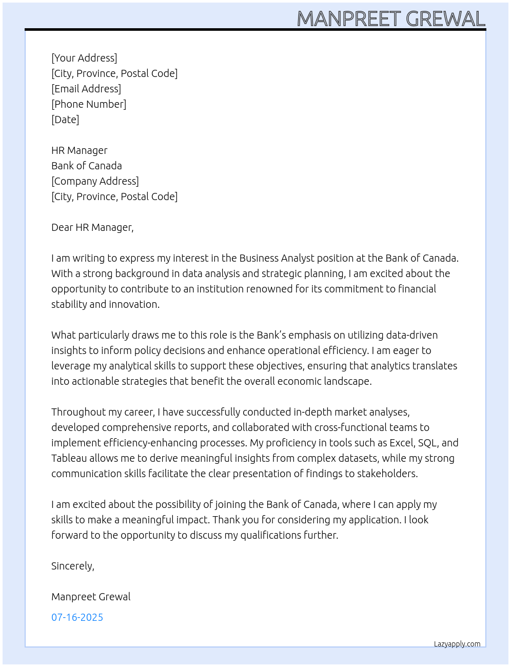 Business Analyst At Bank Of Canada Cover Letter