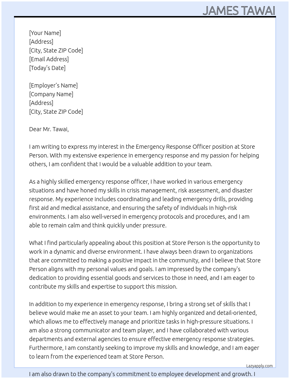 emergency response officer At Store person Cover Letter