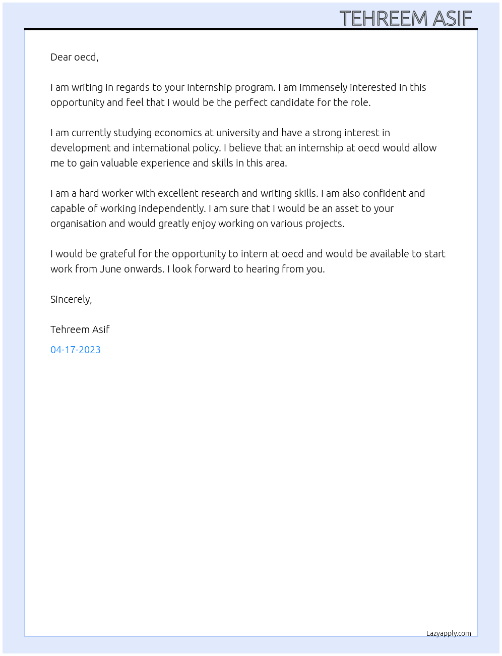 Internship program At oecd Cover Letter