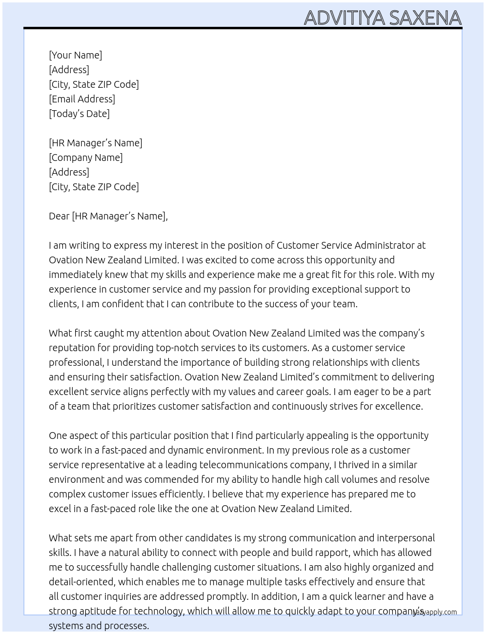 Customer Service Administrator At Ovation New Zealand Limited Cover Letter