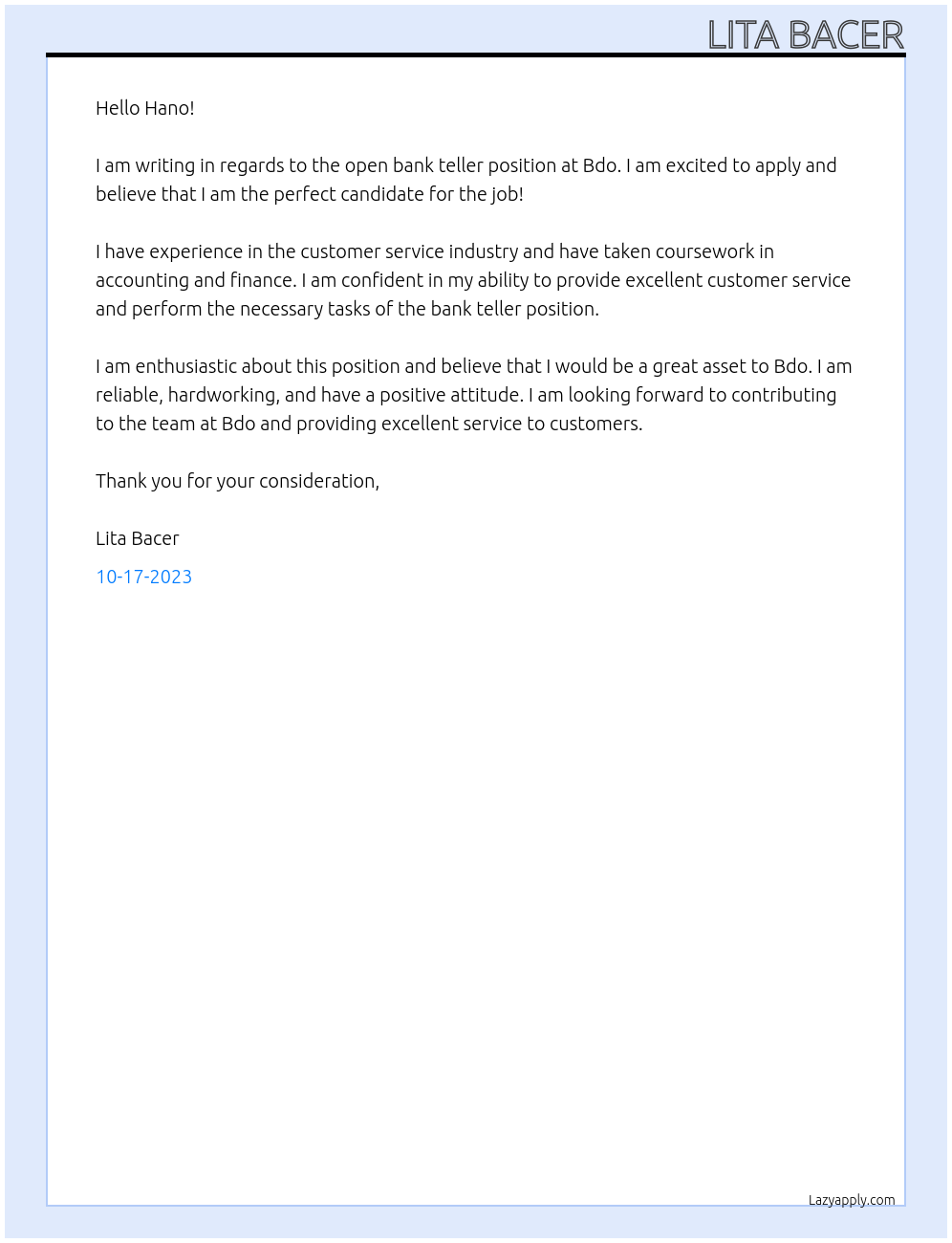 Bank teller At Bdo Cover Letter