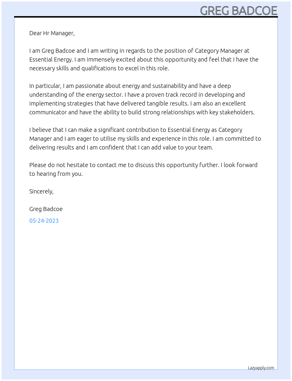 Category Manager At Essential Energy Cover Letter