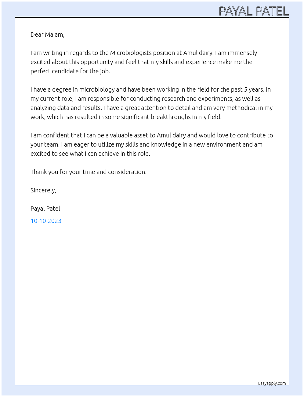 Microbiologists  At Amul dairy  Cover Letter