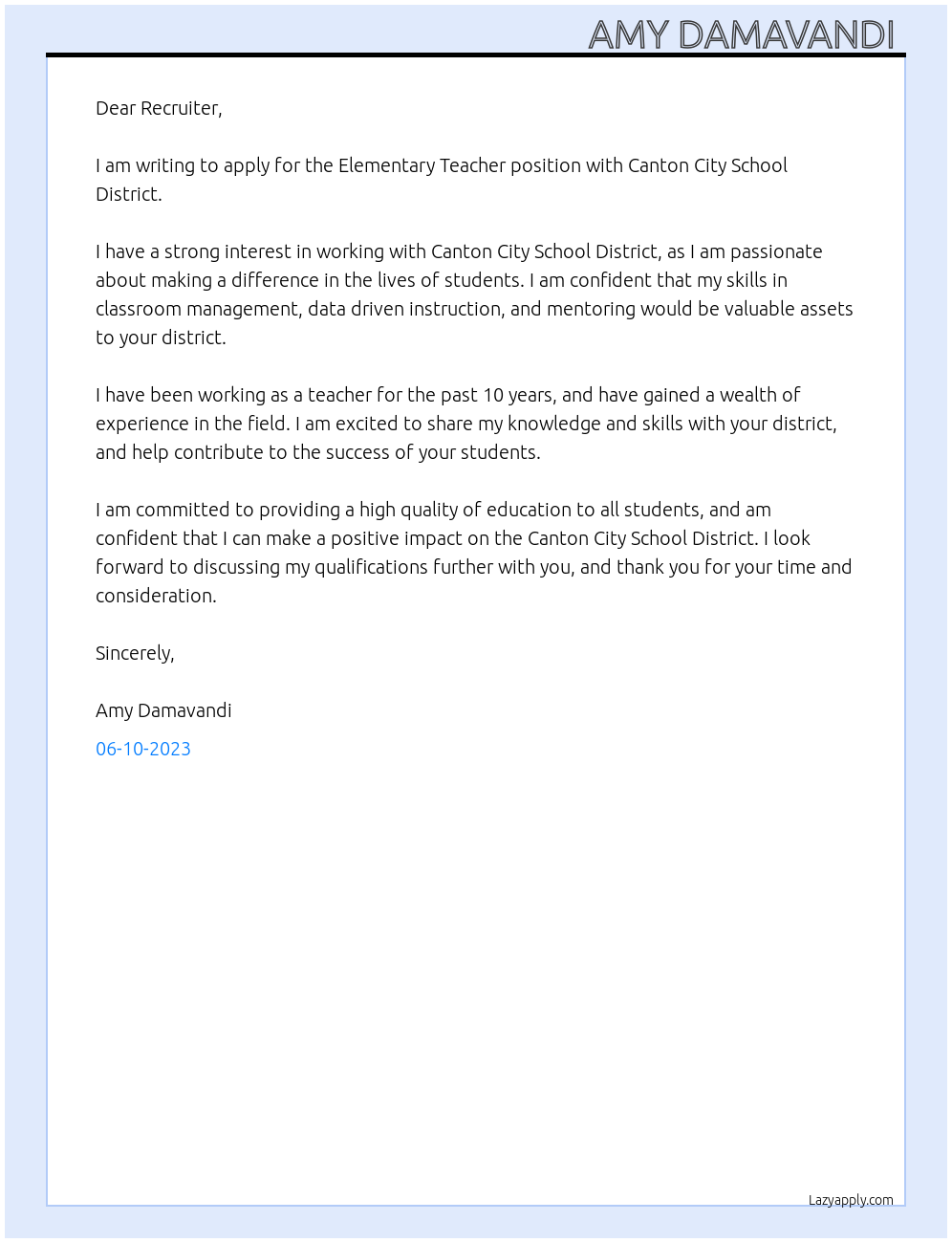 Elementary Teacher At Canton City School District Cover Letter