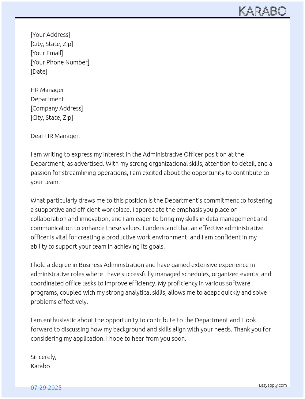 Administrative officer At Department Cover Letter