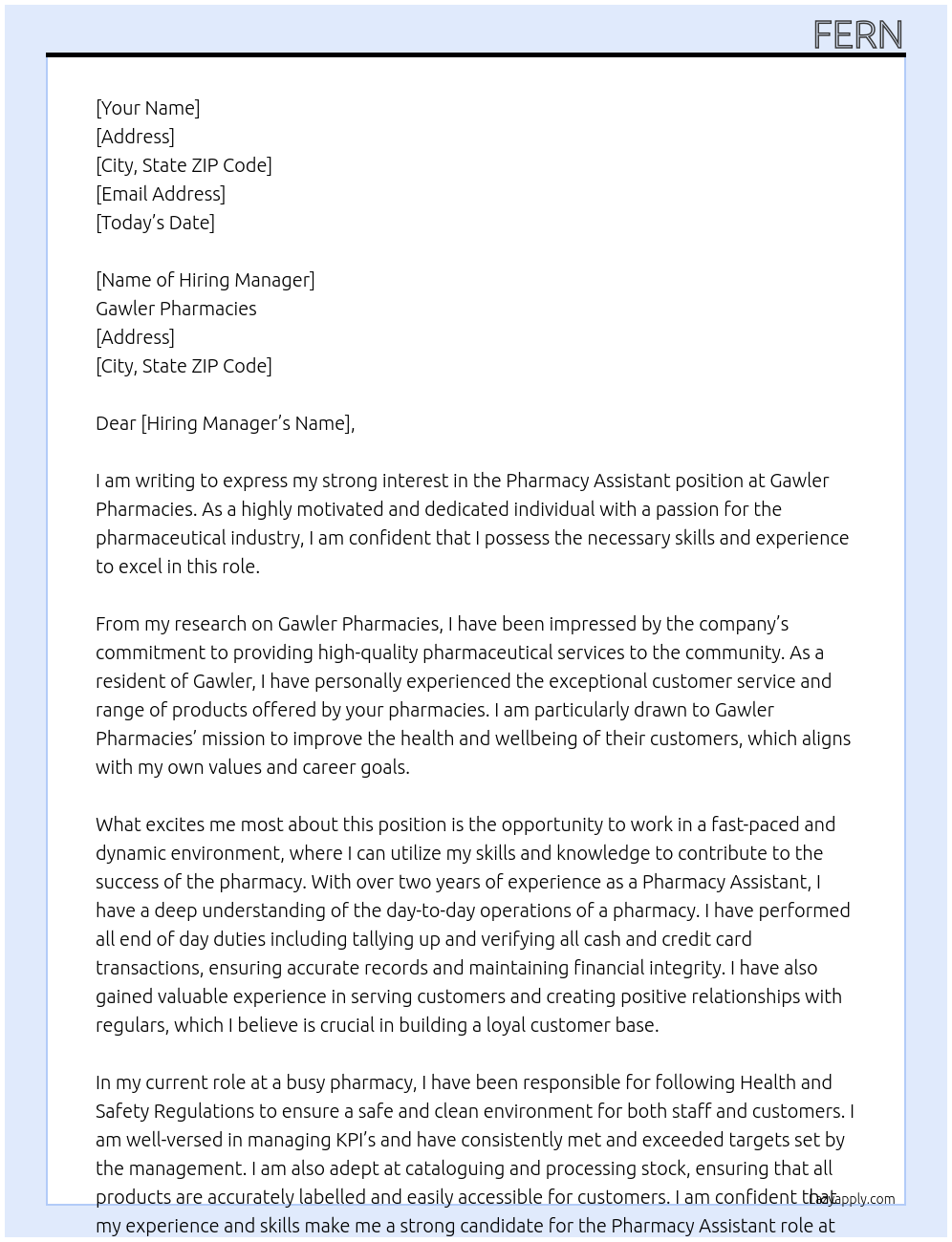 Pharmacy Assistant At Gawler Pharmacies Cover Letter