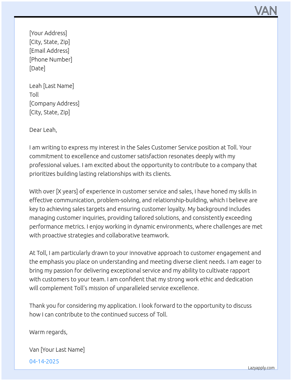 sale customer service At toll Cover Letter