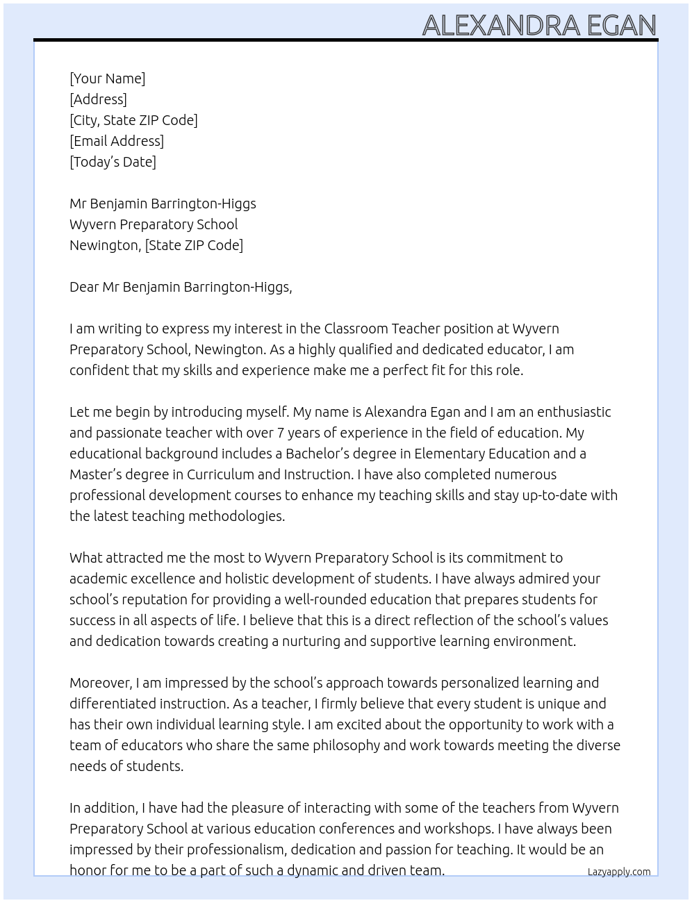 Classroom Teacher At Wyvern Preparatory School, Newington Cover Letter