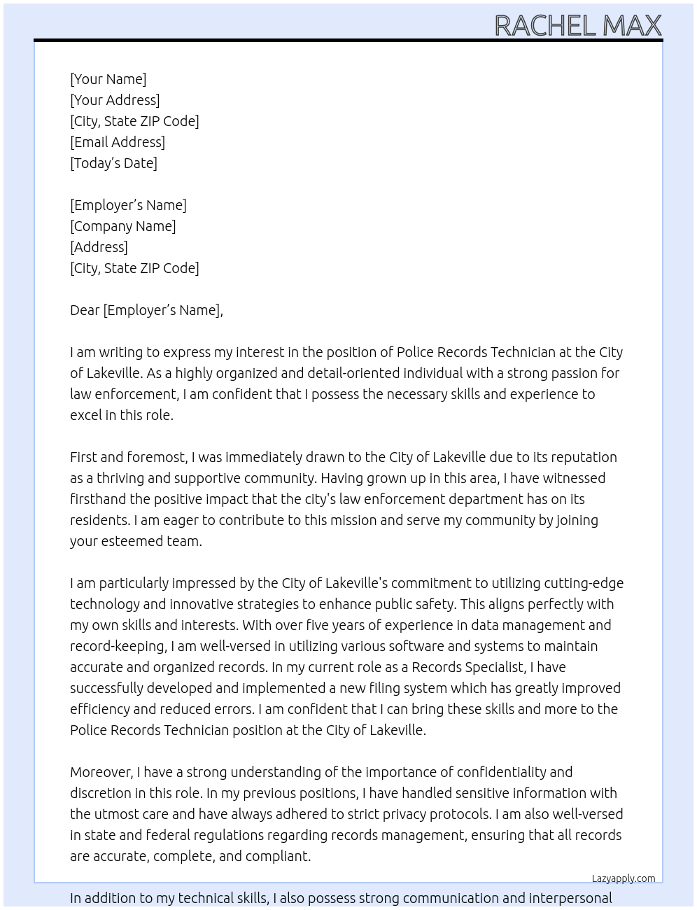 Police Records Technician  At City of Lakeville Cover Letter