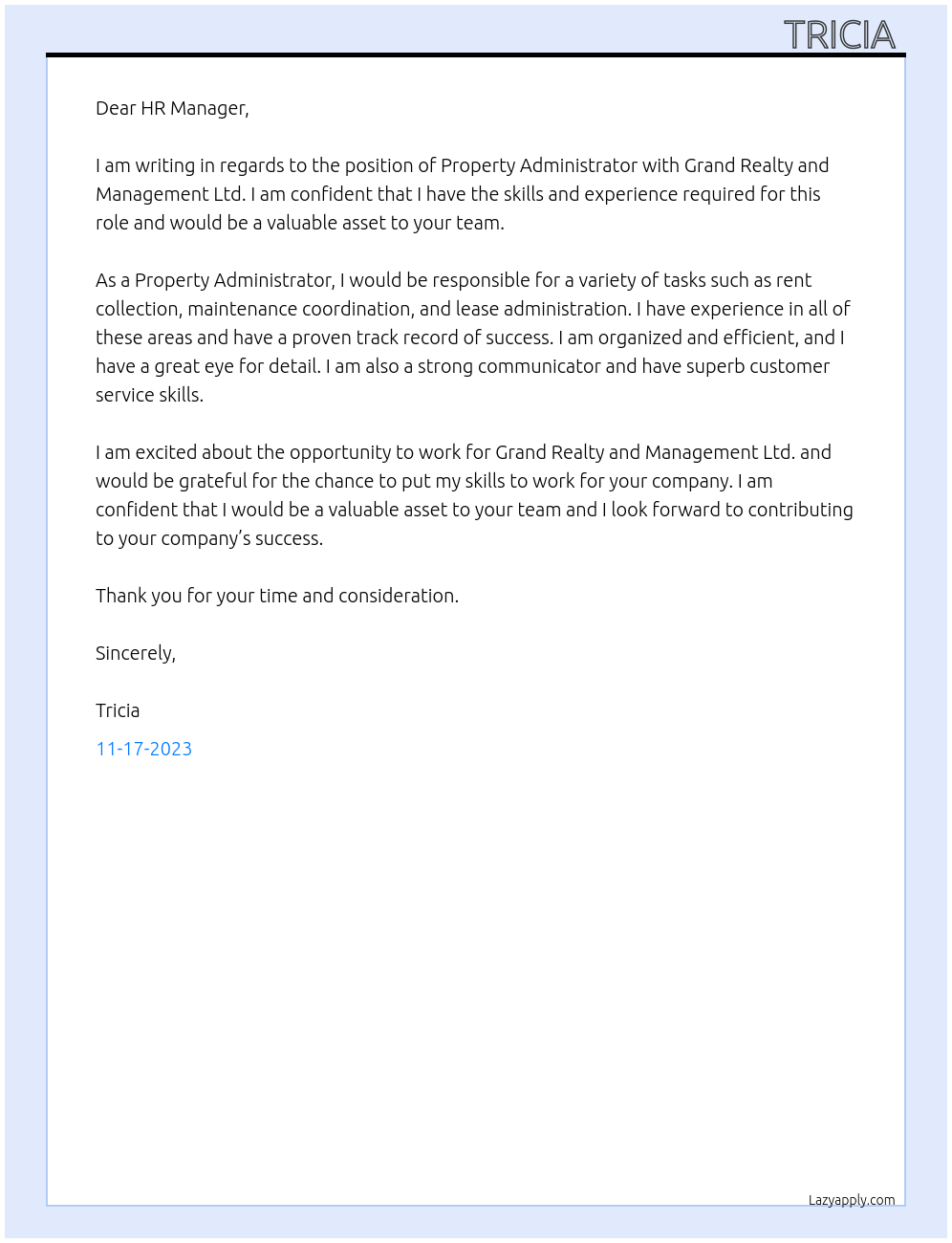 Property administrator At Grand Realty and Management Ltd Cover Letter