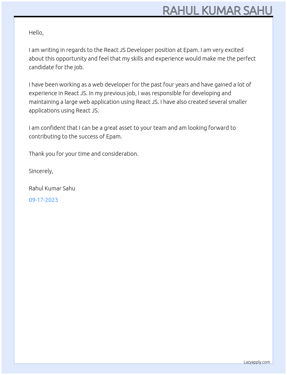 React JS Developer At Epam Cover Letter