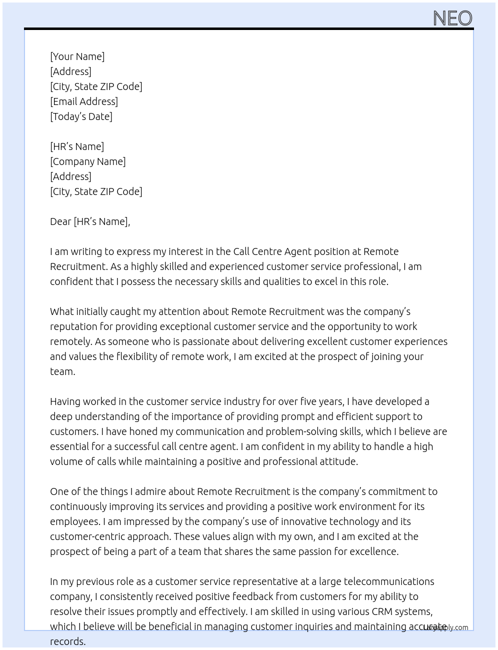 Call centre Agent At Remote Recruitment Cover Letter