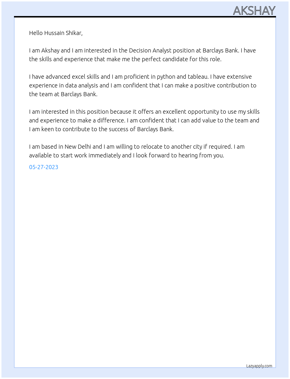 Decision Analyst At Barclays Bank Cover Letter