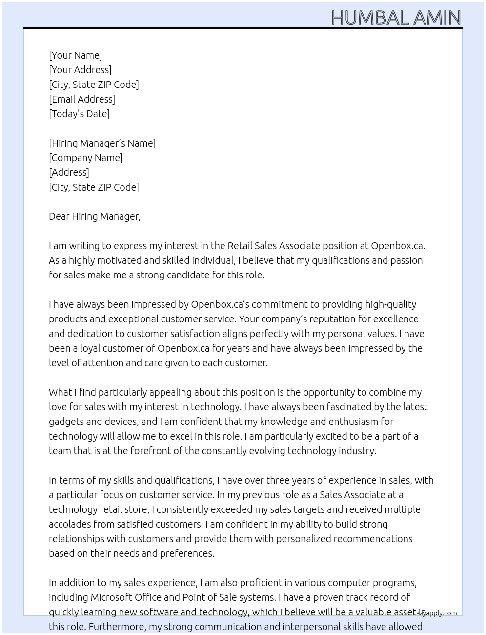 Retail Sales Associate At Openbox.ca Cover Letter