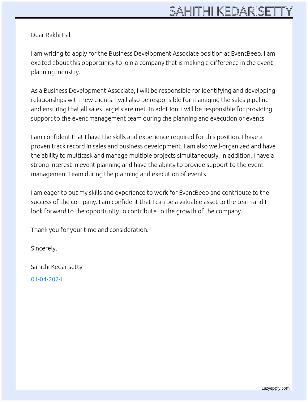 business development associate At EventBeep Cover Letter