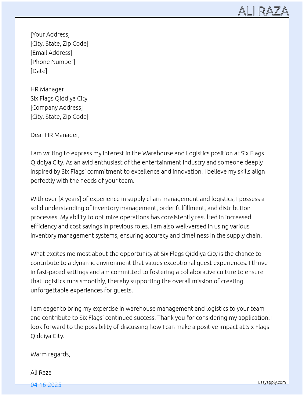 Warehouse and Logistics - General Openingstics - General Opening At Six Flags Qiddiya City Cover Letter