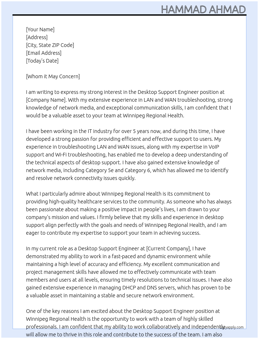 Desktop Support Engineer At Winnipeg Regional Health Cover Letter