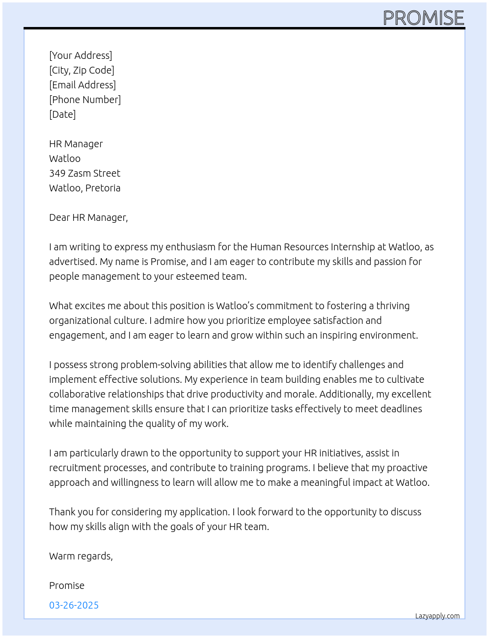 Cover letter for human resources internship - LazyApply