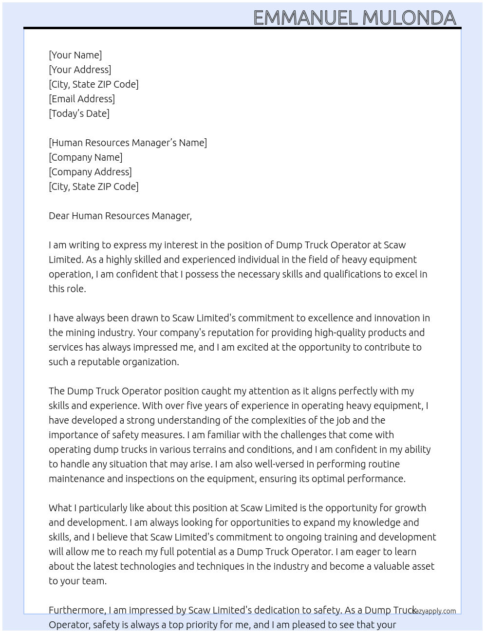 Dump truck operator At Scaw Limited Cover Letter