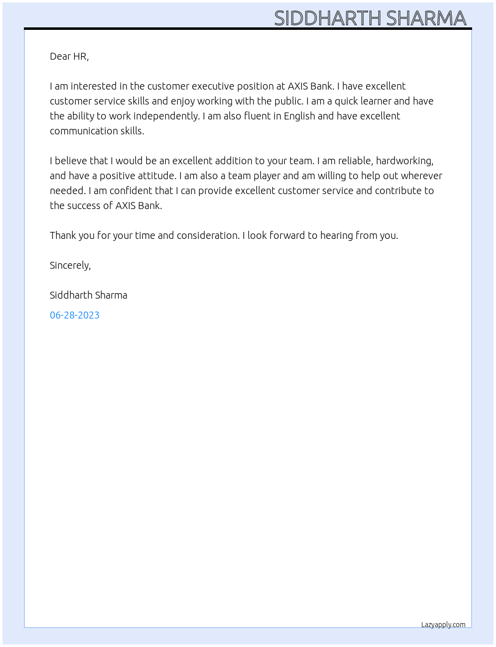 Customer executive  At AXIS Bank  Cover Letter