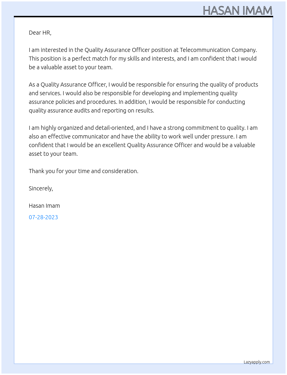 Quality Assurance Officer At Telecommunication Company Cover Letter