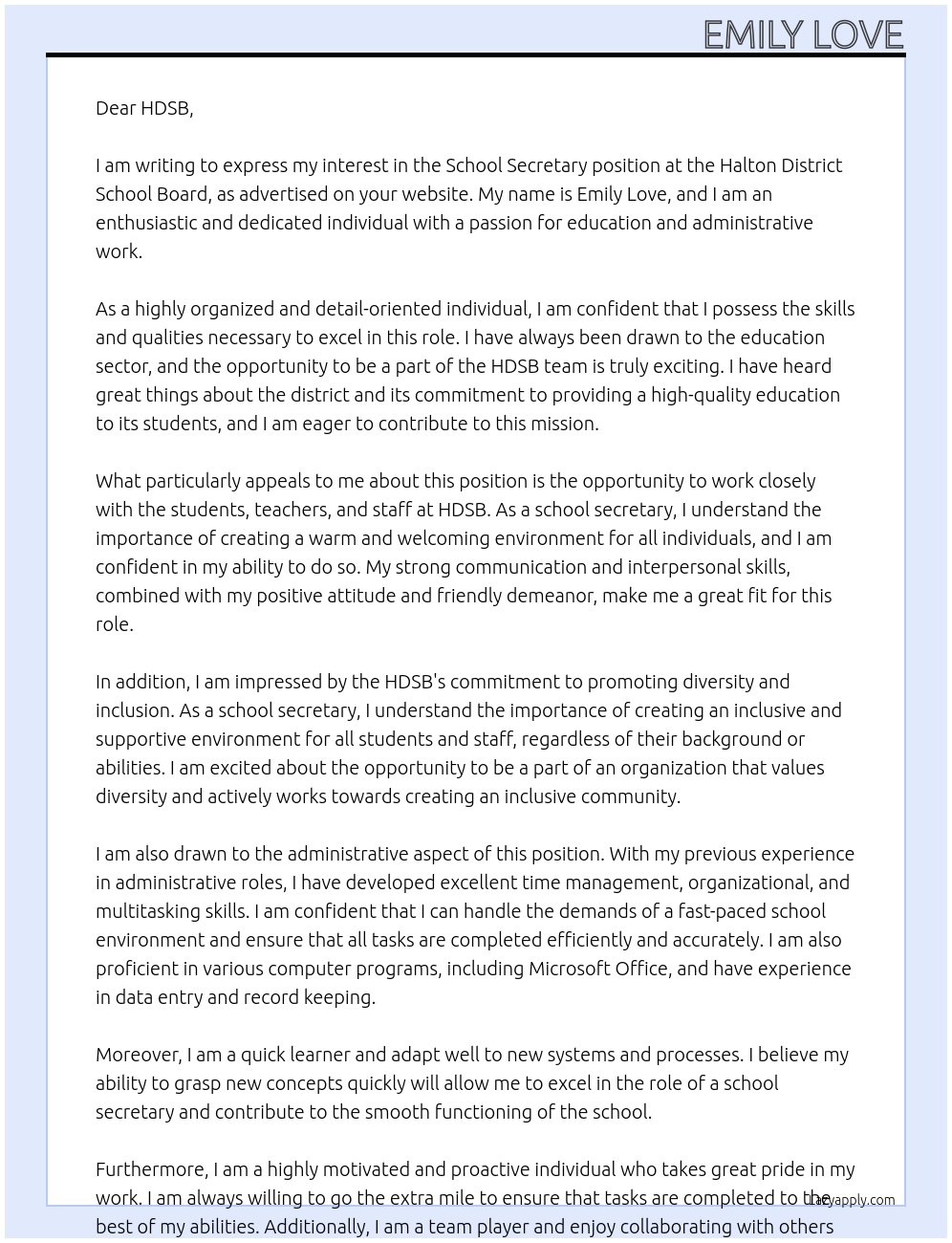 School Secretary At Halton District School Board Cover Letter
