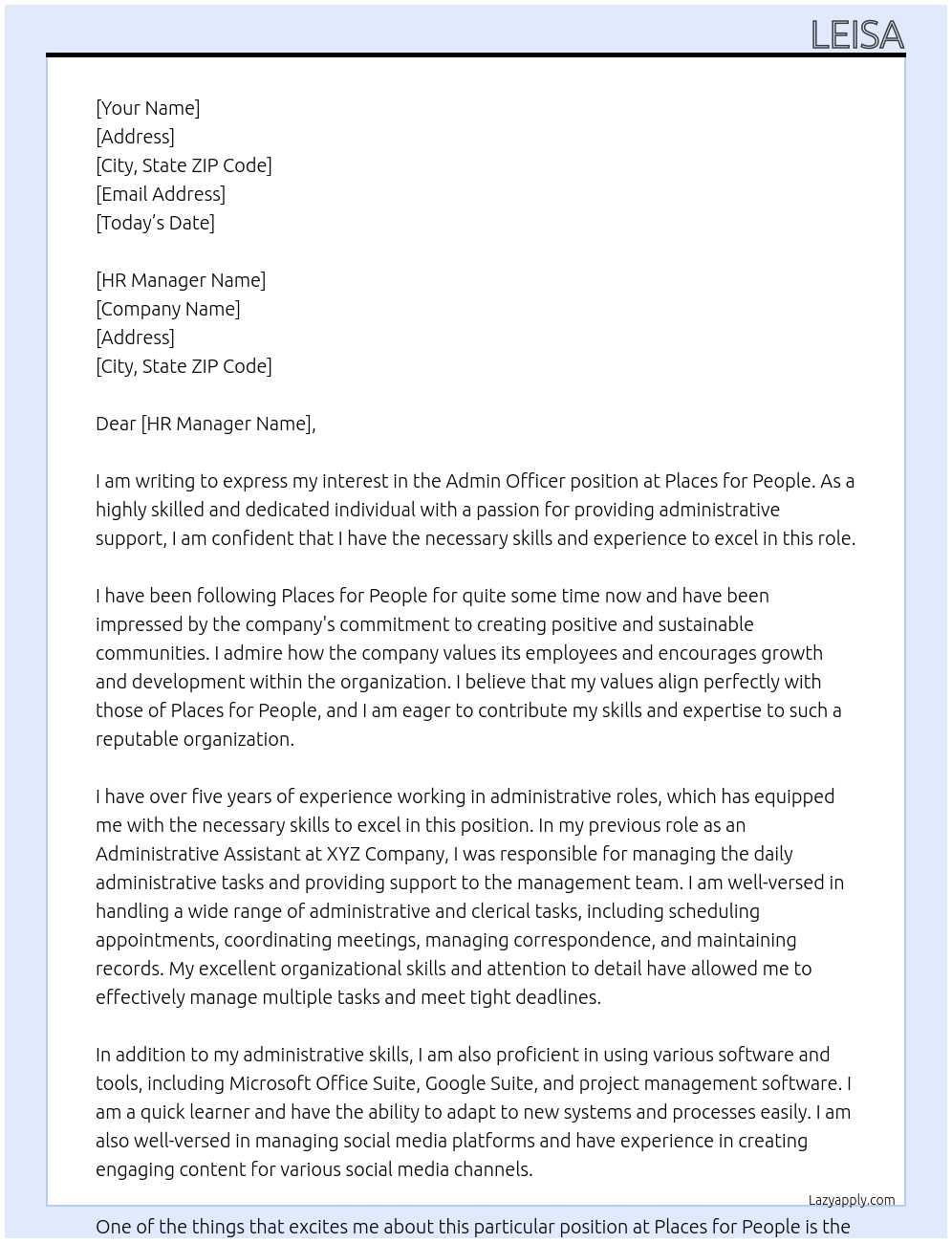 Admin officer At Places for people Cover Letter