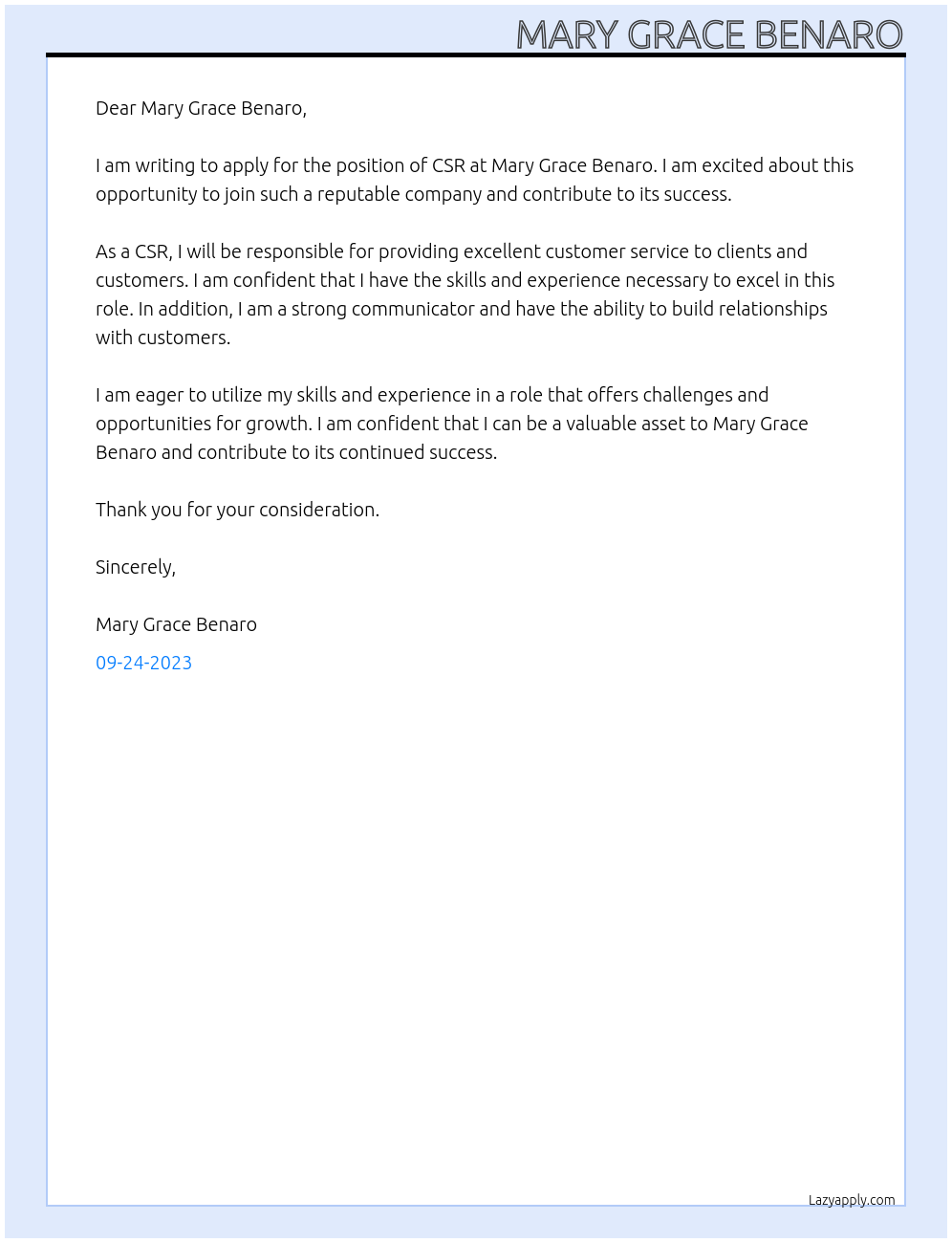 CSR At Mary Grace Benaro Cover Letter