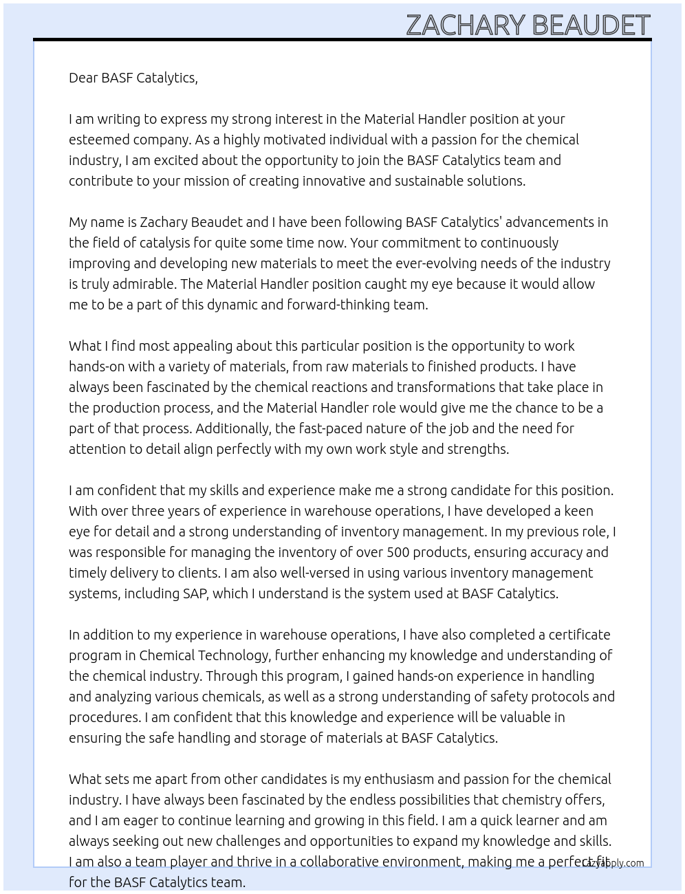 Material Handler At BASF Catalytics Cover Letter