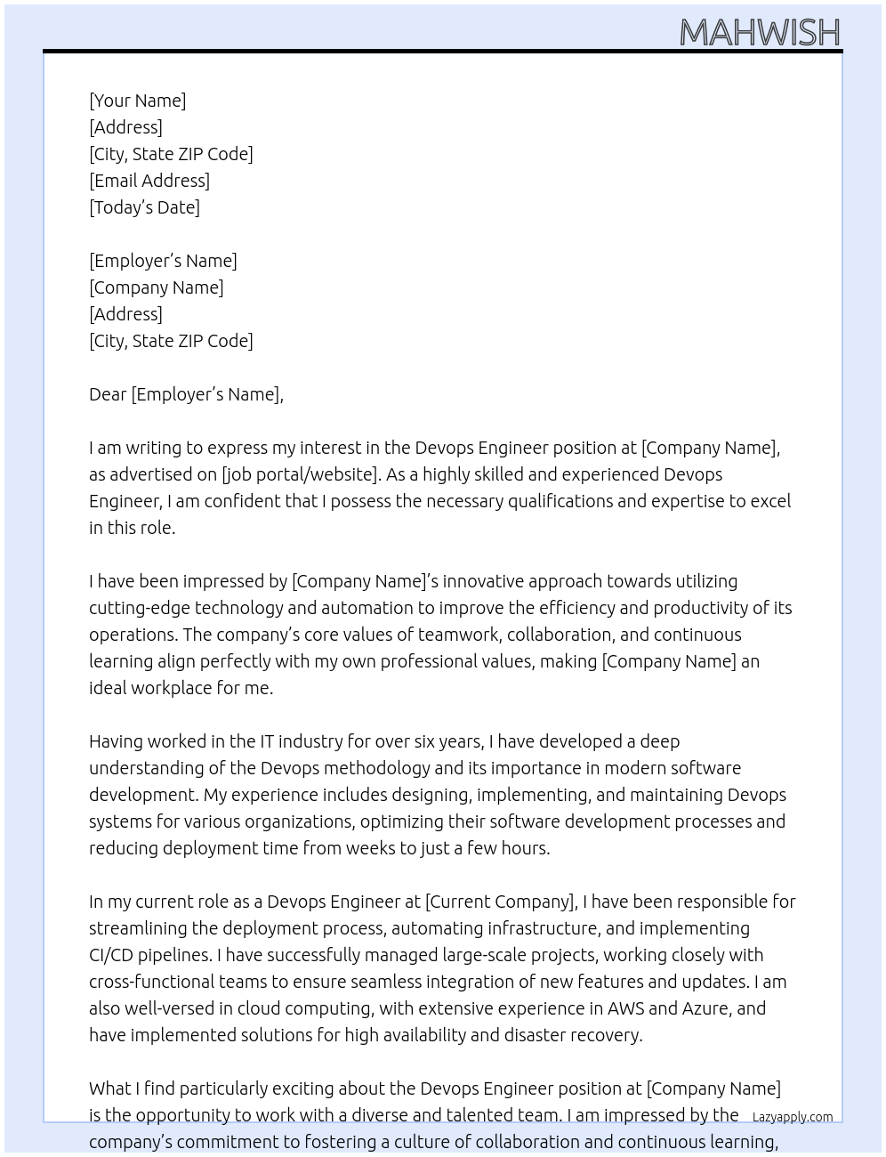 Devops engineer At xyz Cover Letter