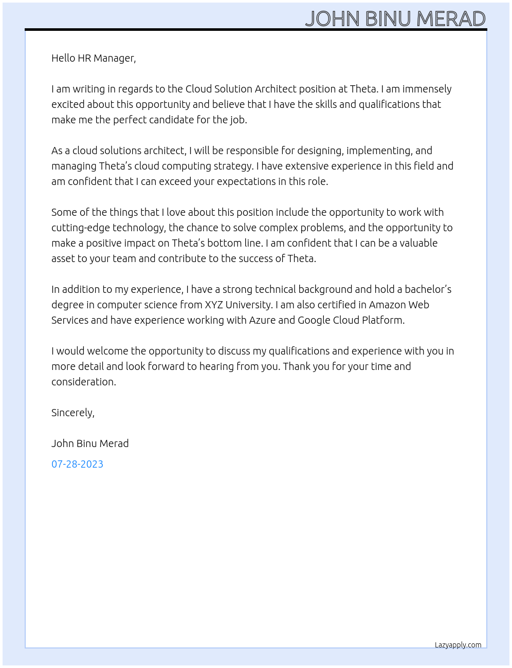 Cloud Solution Architect At Theta Cover Letter