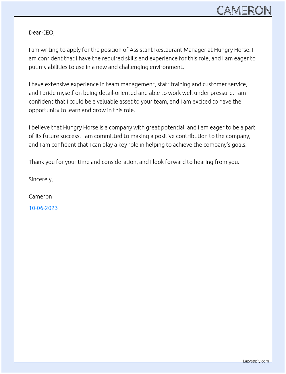 Assistant Restaurant Manager At Hungry Horse Cover Letter