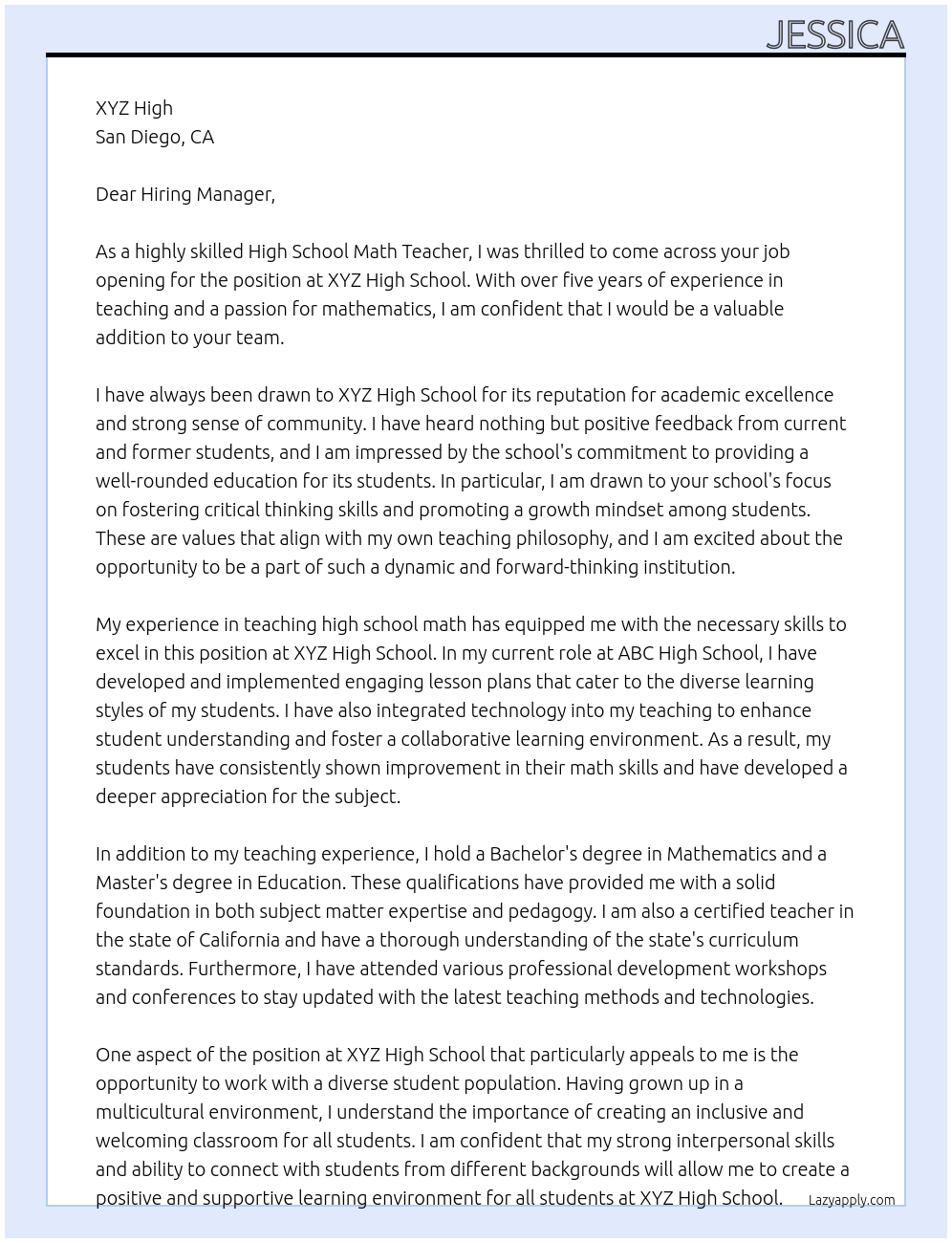 High School Math Teacher At XYZ High Cover Letter