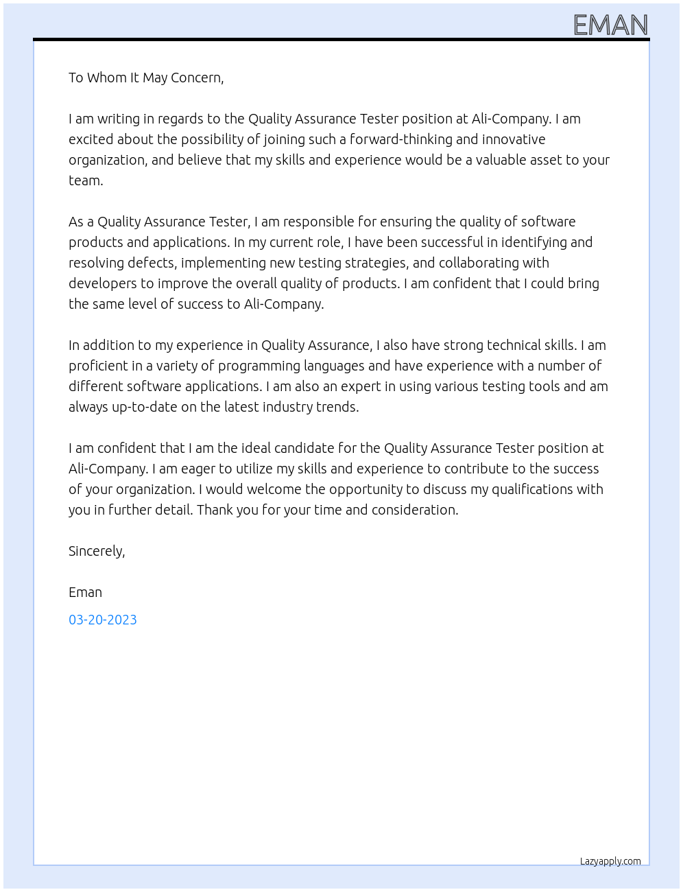quality assurance tester At ali-company Cover Letter