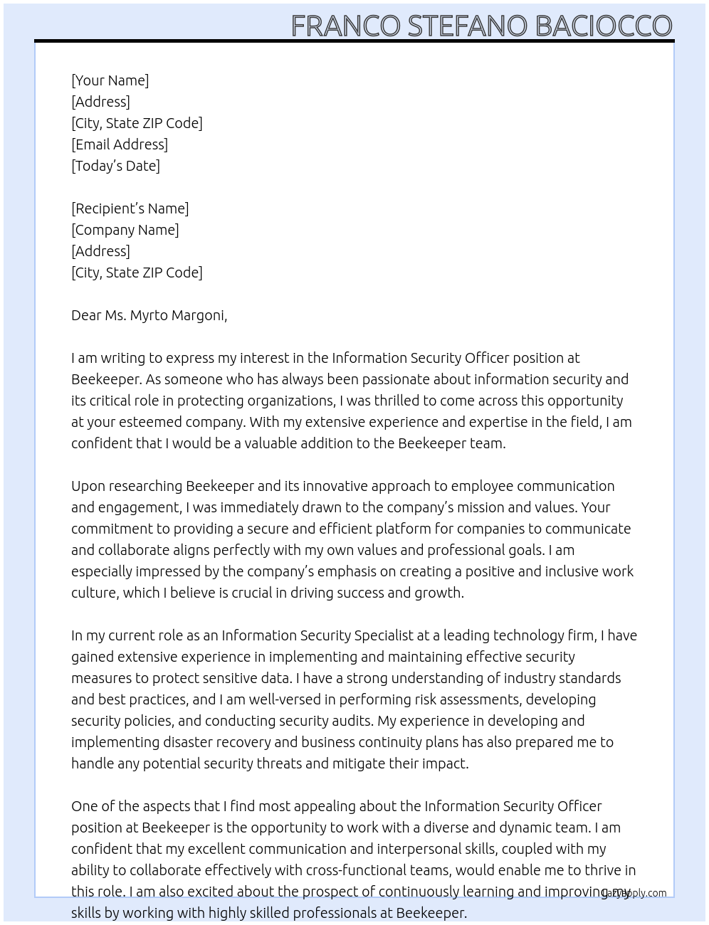 Information Security Officer At Beekeeper Cover Letter