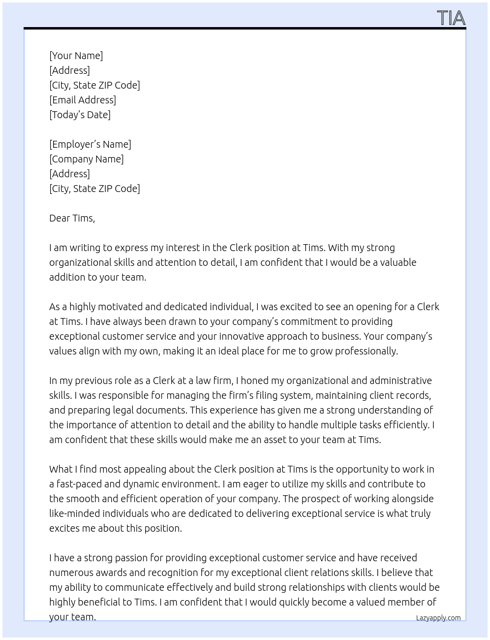 Clerk  At Tims Cover Letter